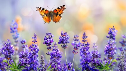  A butterfly flies above a field of purple flowers, surrounded by a softly blurred boke of light emanating from its wings' backs