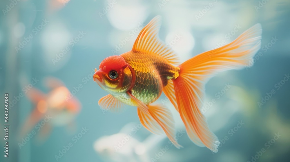 Poster close-up of a majestic goldfish with flowing fins and shimmering scales, gliding elegantly through t