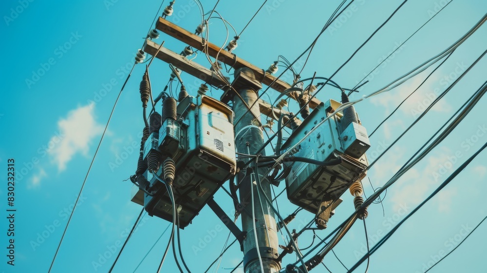 Aufkleber Close-up of an electrical transformer mounted on a utility pole, with power lines and cables branching out in different directions.