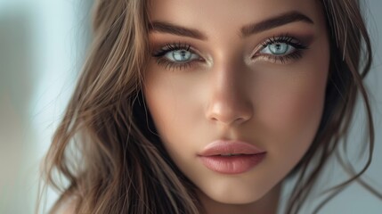 Naklejka premium Close-up portrait of a stylish young woman with flawless makeup and long flowing hair, exuding confidence and beauty.