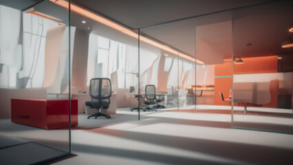 Beautiful blurred background of a modern office interior in gray tones with panoramic windows, glass partitions and orange color accents.
