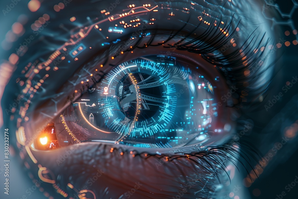 Poster Eye technology, futuristic digital secure access. Vision of the future interface scan concept, human and blue cyberspace. Identification data and computer biometric password.