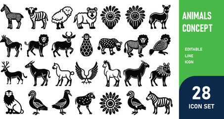 Animals related concept such as Dog, cat, horse,  pig, sheep, goat, chicken, bird, fish & many more editable stroke outline icons isolated on white background flat vector illustration