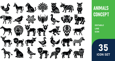 Obraz premium Animals related concept such as Dog, cat, horse, pig, sheep, goat, chicken, bird, fish & many more editable stroke outline icons isolated on white background flat vector illustration