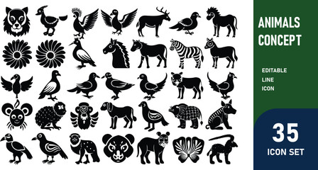 Animals related concept such as Dog, cat, horse,  pig, sheep, goat, chicken, bird, fish & many more editable stroke outline icons isolated on white background flat vector illustration