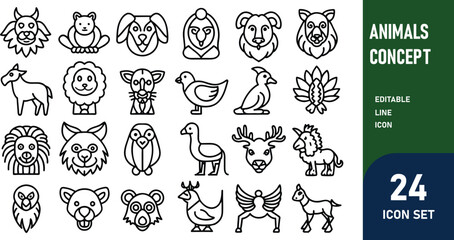 Animals related concept such as Dog, cat, horse,  pig, sheep, goat, chicken, bird, fish & many more editable stroke outline icons isolated on white background flat vector illustration