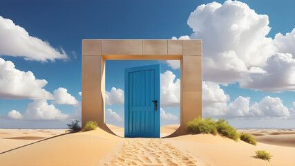 Blue Door in the Desert: Surreal Landscape with Sand Dunes and Cloudy Sky