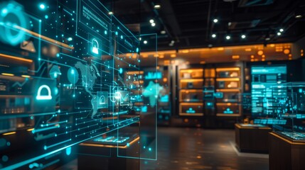 Obraz premium The image shows a retail store. There are shelves with various products. There are also digital displays that show information about the products.