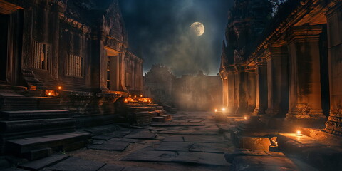 At night at Angkor Wat Cambodia the soft light of _008