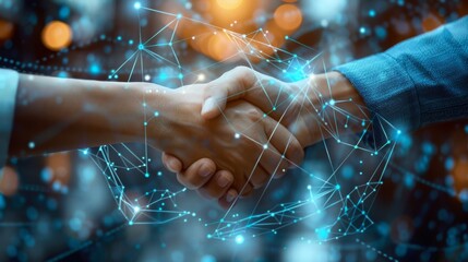 Two people of different skin tones shaking hands with a glowing blue background of connected dots representing a global network.