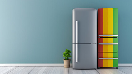 Two refrigerators, one metallic silver and the other with colorful stripes, next to a small potted plant against a blue wall.