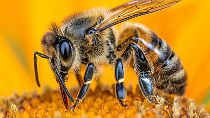  A tight shot of a bee on a sunflower, wings spread wide, ready to take flight, head turned toward the camera - Powered by Adobe