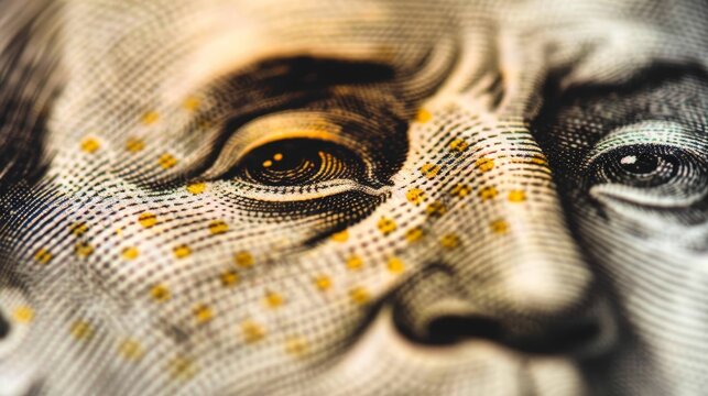  A tight shot of a one-dollar bill overlain by a human eye, accompanied by yellow dots adjacent to it