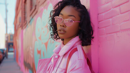 Naklejka premium A woman in a pink jacket and sunglasses stands in front of a pink wall