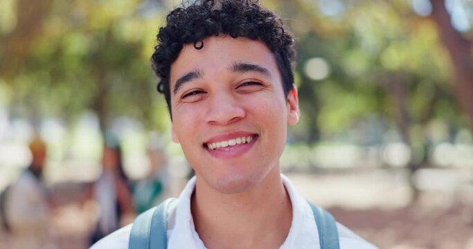 Man, student and outdoor in portrait with backpack, laugh and pride on campus or university for learning. Male scholar, happy and education for development, scholarship and study abroad in UK college