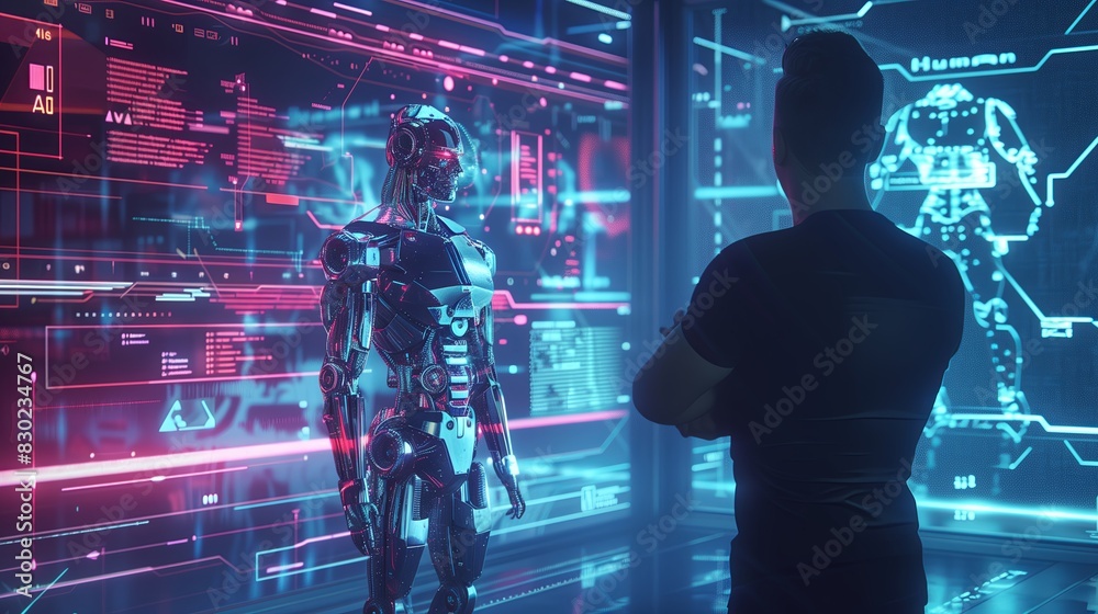 Aufkleber Technology futuristic robot science digital artificial cyborg future computer machine AI. Cyber white cybernetic man concept business intelligence. Android modern innovation