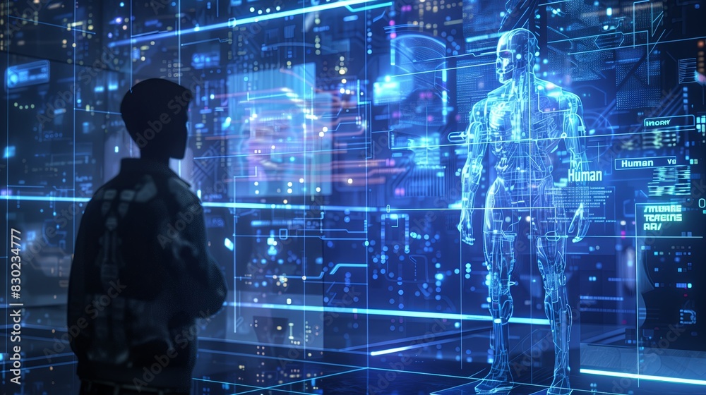Poster Technology concept digital business futuristic future science. Network blue computer abstract tech background information cyber virtual data screen. Connect communication