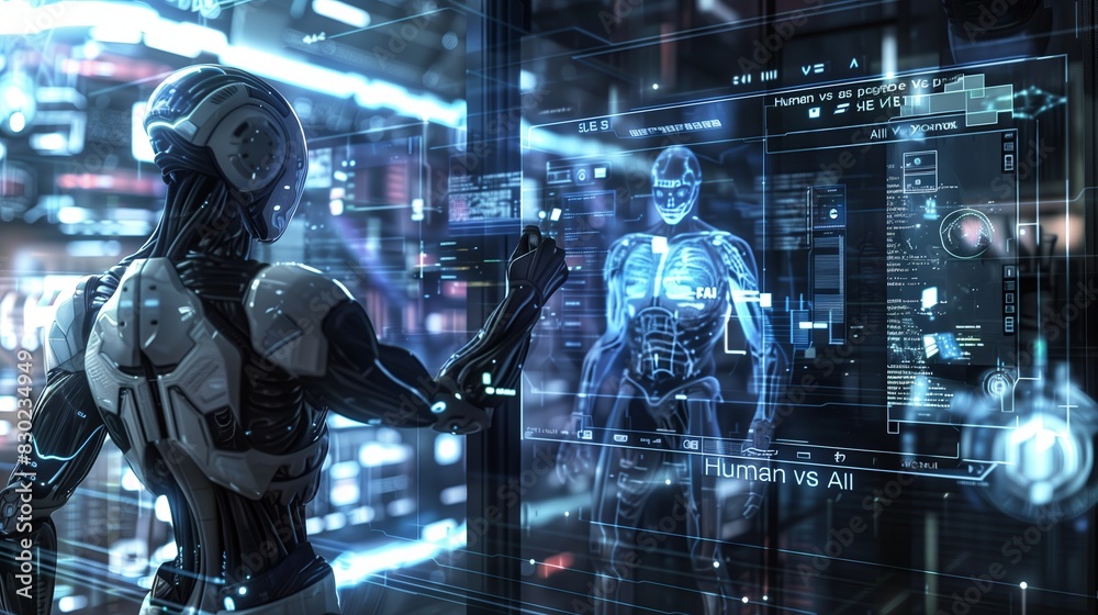 Aufkleber Futuristic technology concept with blue robot, artificial intelligence and cybernetic elements. Modern digital interface, machine and cyber background. Virtual android, tech,