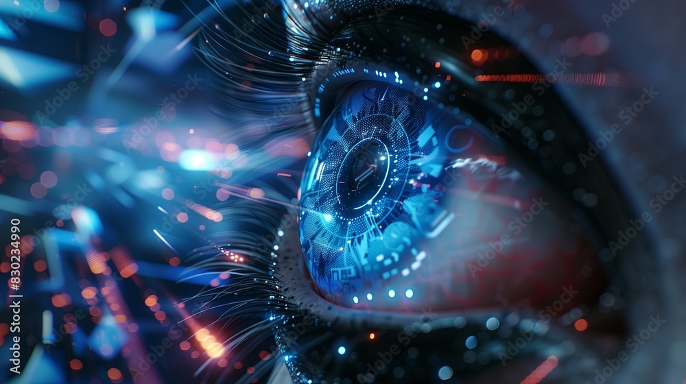 Poster Futuristic digital technology with eye scan and secure vision. Human interface concept, biometric access and identity. Computer identification, view data display. Cyberspace