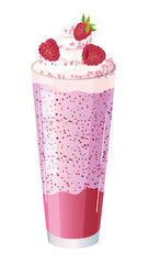 Sweet milkshake cocktail with whipped cream and raspberry. Realistic cocktail, smoothie with raspberries in a glass