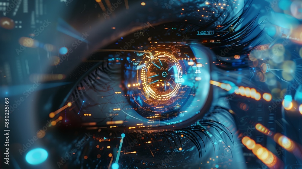 Aufkleber Futuristic digital technology with eye scan vision and secure data concept. Human woman future interface, closeup identification. Science access cyberspace system,