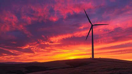 Obraz premium A wind turbine is standing on a hill in a beautiful sunset