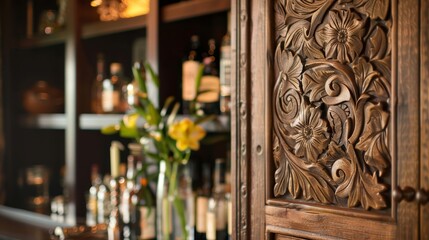 Close-up of ornate wooden door with floral carvings. Studio shot of detailed woodwork with blurred bar background.
