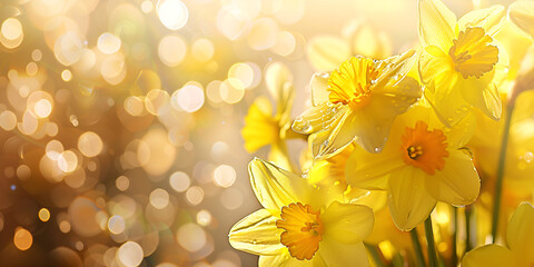 A field of yellow daffodils with water droplets on them, in front of a blurred background with bokeh effects spring nature background