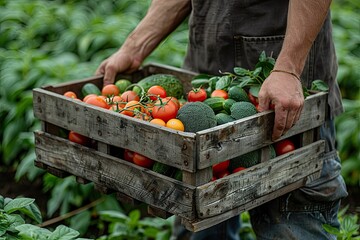 hands of farmer holding crate with harvest vegetables