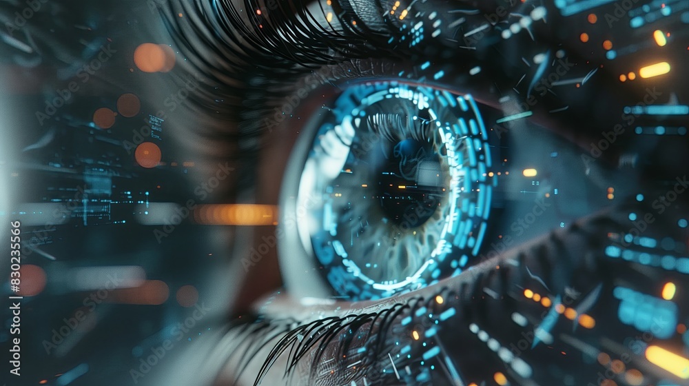Poster Futuristic digital technology vision with eye scan. Future human secure concept, interface computer science view. Identity data display closeup, identification blue access.
