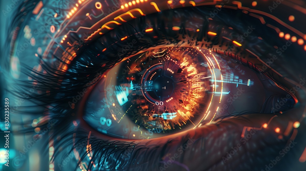 Poster Secure futuristic technology with eye scan. Digital science data concept, abstract blue display. Future information circuit, vision cyber laser. Human access computer design