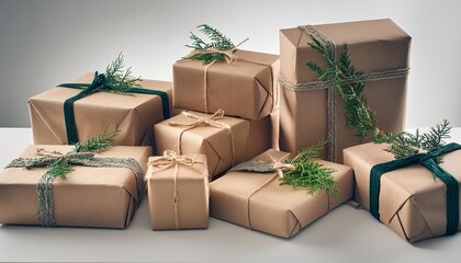 assorted brown kraft paper wrapped gift boxes on white background cut out