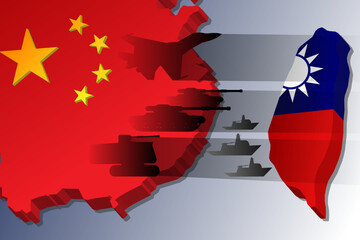  China military blockade against Taiwan.  military equipment tank, fighter, warship. concept of a possible military conflict, war in Asia banner web background