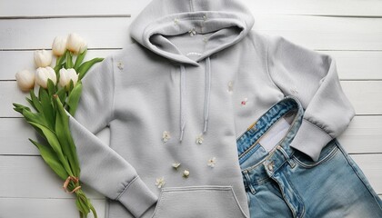 close up gray blank template sweatshirt hoodie with copy space top view mockup pullover on white wooden background casual outfit flat lay template jeans clothes springtime clothing - Powered by Adobe