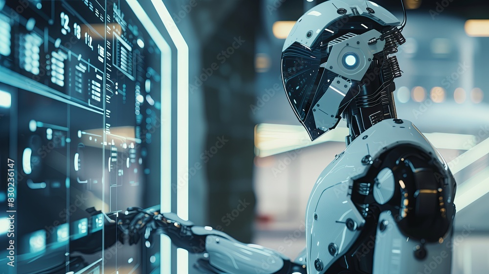 Poster Futuristic robot technology, machine AI digital future. Arm business artificial intelligence factory automation, science cyborg industrial production. Innovation tech white