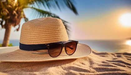 straw hat the sand ocean beach sunglasses on seashore background summer day copy space for a product