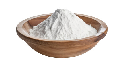 White powder in a wooden bowl, isolated on black background.