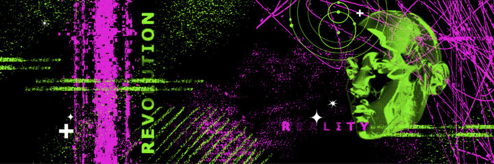 Retro futuristic background, vector grunge noise cyber technology poster, pixel glitch effect print. Science fiction surrealism vintage abstract poster grain acid music cover. Retro futuristic texture © Oleksandra