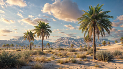 Sandy desert with palm trees and mountains in the background. The sky is blue with white clouds.