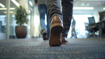 A man wearing brown shoes walks on a carpeted floor