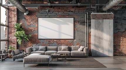 Interior art mockup in a modern room. Blank wall with empty background, frame picture artwork painting design. Furniture sofa home white decor, floor apartment living room
