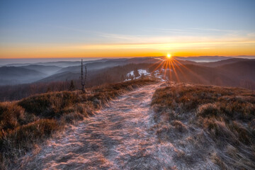Golden Sunrise Over a Serene Mountain Pathway