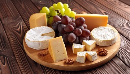 cheese board served with grapes nuts on a wooden background