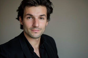 Fototapeta premium Handsome Man in Blazer: Dark Brown Straight Hair, Eyes, Medium Length, Gray Background