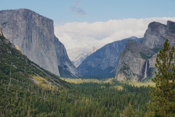 Tunnel View of the Yosemite Valley with a waterfall and mountains, Yosemite National Park USA