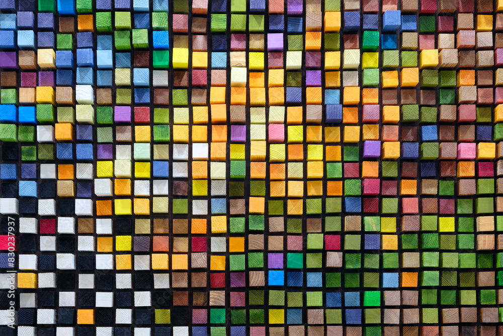 Poster A colorful mosaic made of wood blocks. The blocks are arranged in a way that creates a pattern of squares and rectangles. The colors are bright and vibrant, giving the impression of a lively