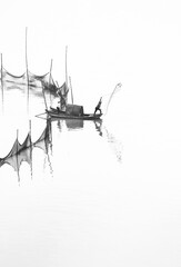 boot alongside  fishing nets in  Xiapu, China