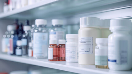 A shelf full of medicine bottles with labels on them