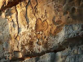 An ancient petroglyph carved into a weathered rock face, depicting scenes from a long-forgotten culture. The soft light of dusk highlights the intricate details 