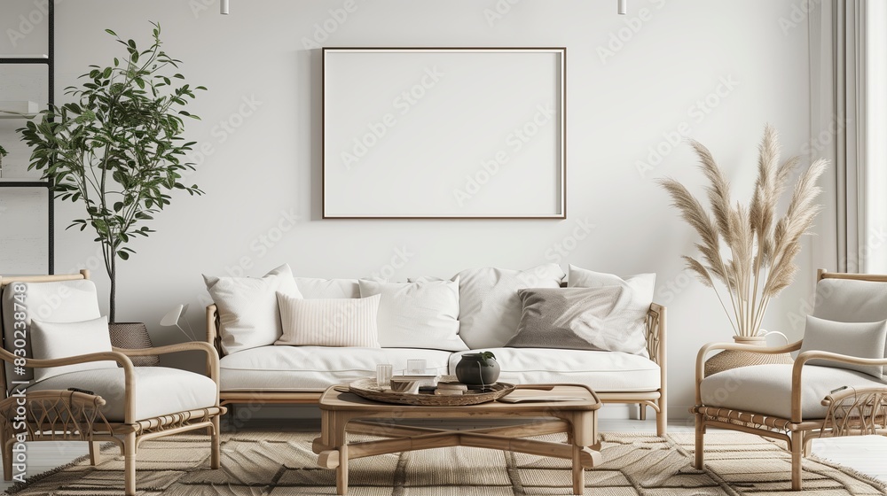 Wall mural modern art mockup room with blank walls, white floor, stylish sofa. living space with empty frames, 